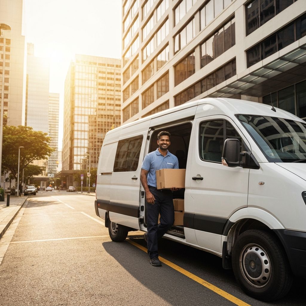 Delivery van at commercial building